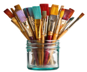 Fototapeta premium Colorful artist brushes in glass jar for creative projects, cut out transparent