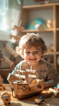 cheerful child playing with toy boat, joyful indoor playtime capturing innocence of childhood