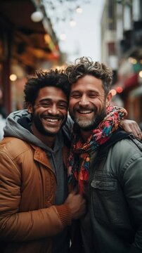 gay couple men embracing on Valentine's Day, sharing love on the street