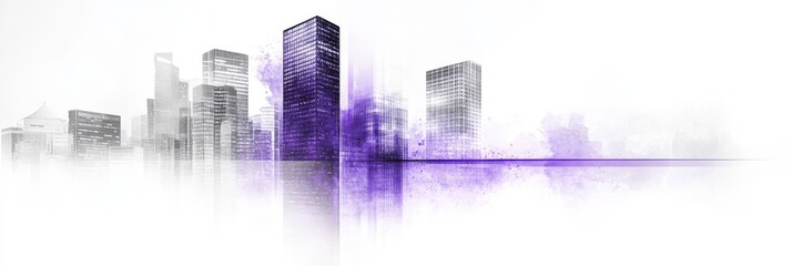 Obraz premium Abstract grayscale and purple cityscape with high-rise buildings, watercolor effects, and reflection on a white background