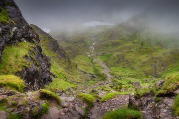 A breathtaking view of a misty valley, beautifully framed by steep Carrauntoohil mountain and featuring a gently winding stream, showcasing vibrant green grass abundant in nature, Kerry, Ireland