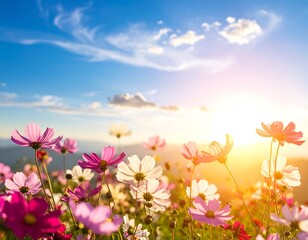 Obraz premium Colorful cosmos flowers under a vibrant sunset sky