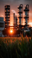 Dramatic sunset behind industrial refinery towers with wheat field in foreground, contrasting agriculture and industry in golden evening light