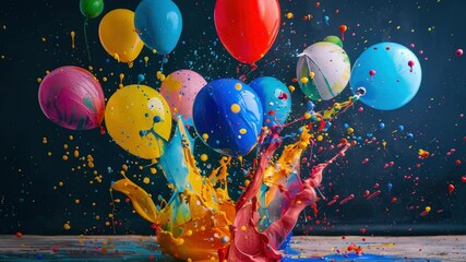 Colorful balloons burst with vibrant paint splashes in a creative celebration of fun and joy captured in 4k resolution - Powered by Adobe