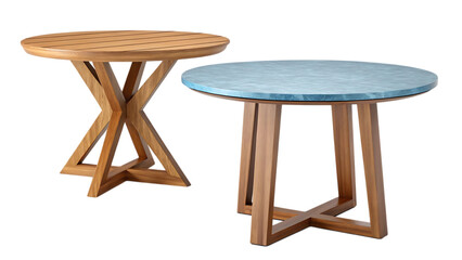Two round wooden tables with different designs for interior decor on transparent background