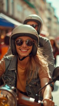 Woman and friends riding a vintage motorcycle on a sunny adventure, laughing during their trip