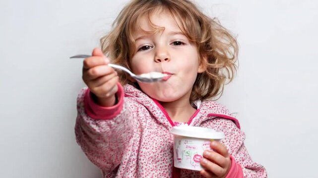 Cute young girl eating yogurt with a spoon. Healthy eating habits in children, balanced nutrition, and a joyful approach to food. Concepts about child health and pediatric nutrition.