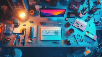 Obraz premium High-angle view of a cluttered workspace desktop.