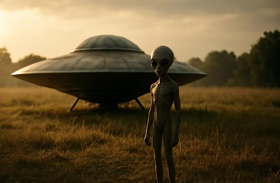 Extraterrestrial being observing flying saucer takeoff in a field