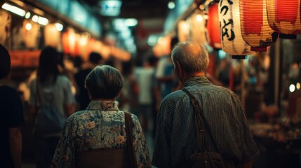 Obraz premium Elderly couple walking through a bustling Japanese market at night, surrounded by glowing paper lanterns. Ideal for cultural visuals, lifestyle concepts, tourism themes, and peaceful evening moments.
