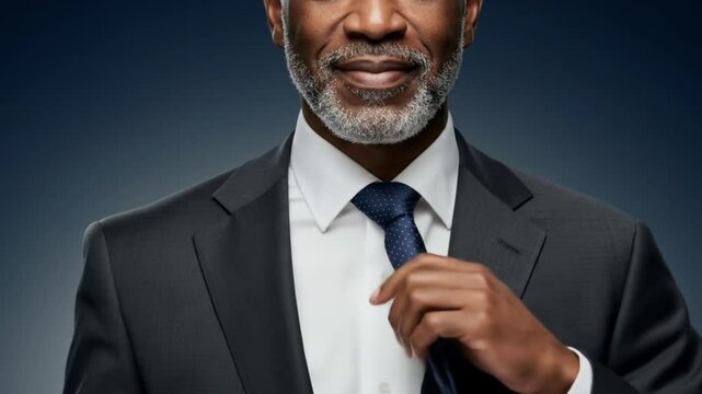 A distinguished african american man in a tailored suit adjusts his tie with a confident expression.