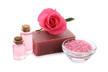 Aromatic soap bar, rose and cosmetic products isolated on white