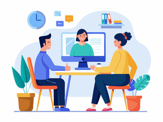 Modern flat line art of remote video call between coworkers with coffee and calculator