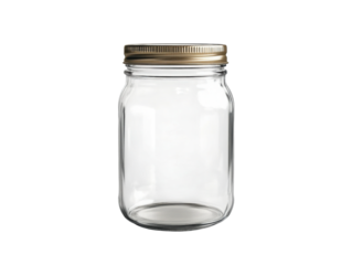 Simple Glass Jar: An empty clear glass jar with a metallic lid, showcasing its classic design, perfect for storage, canning or display.