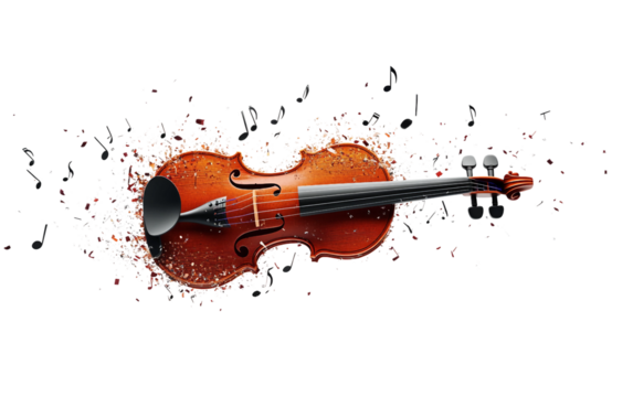 Artistic surreal image of violin disintegrating midair showcasing dynamic fragments and creative destruction isolated on transparent background PNG