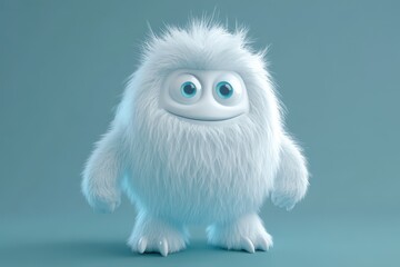 Cute cartoon Yeti with fluffy white fur stands isolated against a soft blue background, exuding charm and playfulness in a whimsical fantasy world