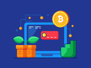 Cryptocurrency investment concept featuring bitcoin on monitor with wallet and plant vector