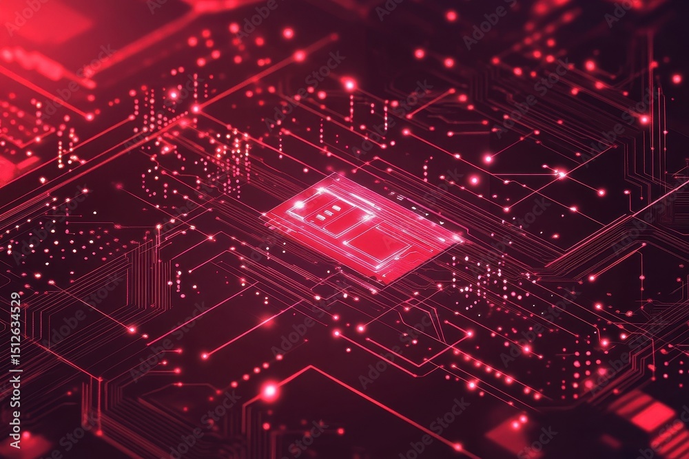Poster isometric representation of a red technological circuit background showcasing intricate details and 