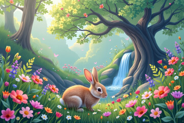 Obraz premium Serene rabbit in vibrant forest scene