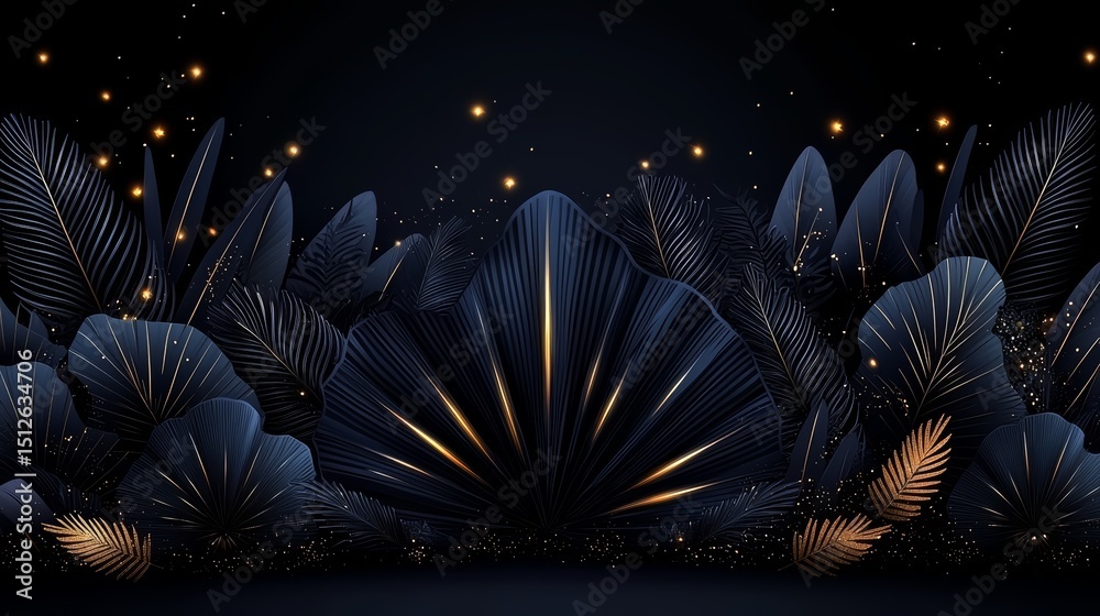 Poster Black and gold leafy forest with a large leafy plant in the foreground. The leaves are illuminated by a light source, creating a warm and inviting atmosphere