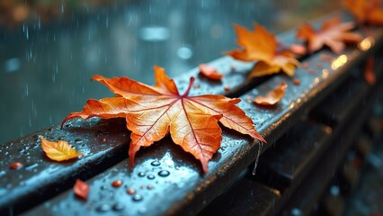 close single orange maple leaf resting black bench leaf center its stem leaves visible background blurred appears rainy day raindrops falling sky leaves scattered around bench overlapping colors