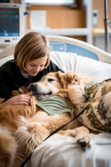 A young child comforting a golden retriever in a hospital bed, highlighting the bond between humans and animals during difficult times.