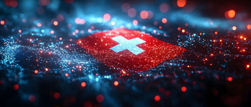 Swiss flag on a futuristic cyber network background. Red and blue light effects symbolize finance, technology, and cybersecurity. Concept of digital economy and banking in Switzerland - Powered by Adobe