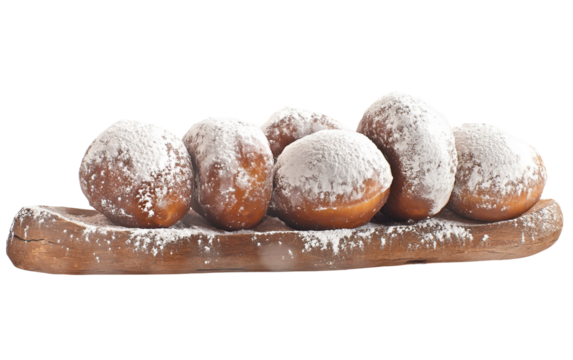 Freshly made Hanukkah sufganiyot donuts topped with sugar dust and rich fruit jam filling isolated on transparent background PNG