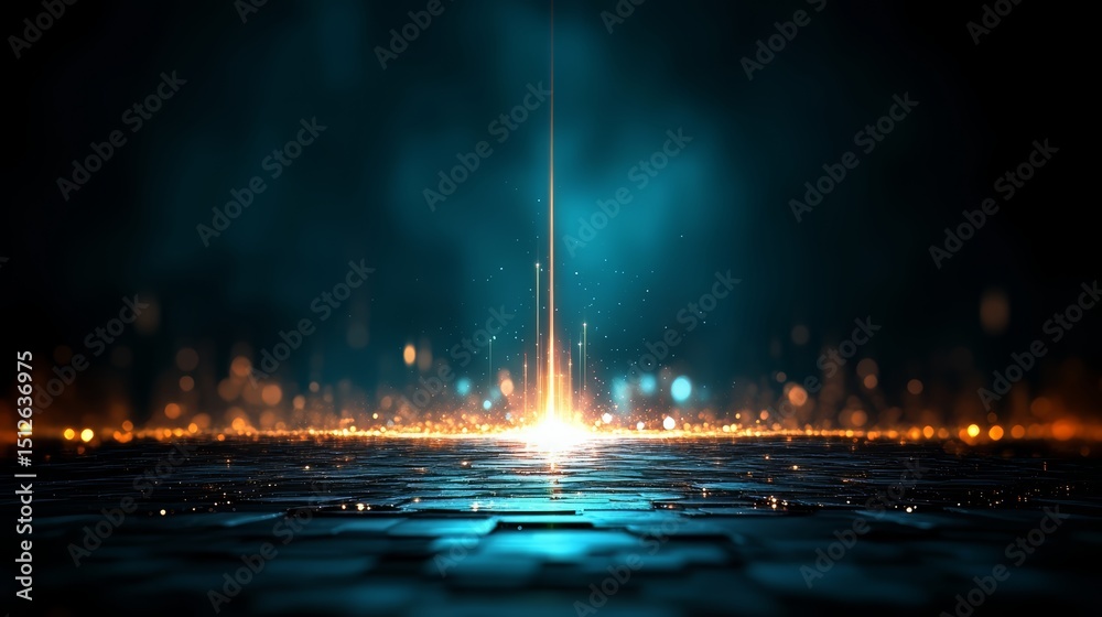 Poster Blue and orange background with a bright light shining through it. The light is creating a sense of movement and energy in the scene
