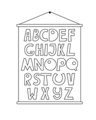 Abc wall poster simple outline hand drawn vector illustration, doodle English alphabet image of classroom accessory for lessons, educational resources design