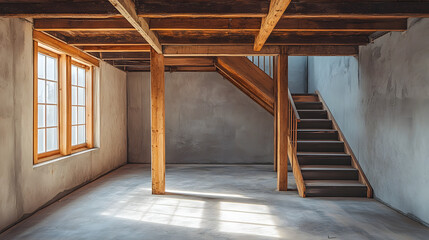 An unfinished basement with wooden beams and a staircase,