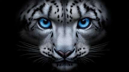 Close-up of a snow leopard showing its intense blue eyes and majestic presence, creating a captivating and powerful image against a dark background