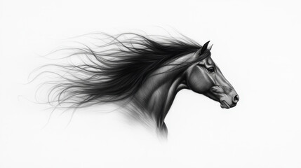 Hyperrealistic pencil drawing capturing a majestic black stallion, mane flowing gracefully in the wind, embodying power, elegance, and the spirit of freedom in nature
