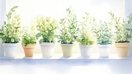 Soft sunlight illuminates a row of potted plants sitting on a windowsill, creating a peaceful and calming atmosphere in this watercolor painting