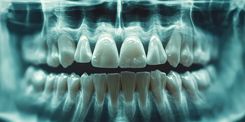 Digital dental x-ray highlighting healthy teeth and gums, providing a detailed view of oral health for diagnosis and treatment planning by dentists and orthodontists