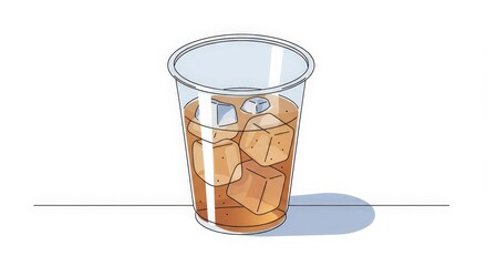 Refreshing iced coffee served in a clear plastic cup, complete with ice cubes, offers a cool and invigorating beverage for a hot summer day