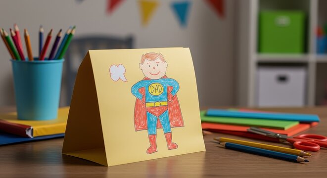 Greeting card depicting a superhero dad drawing made by a child stands on a wooden desk amongst colorful pencils, notebooks, and scissors, celebrating father's day with creativity and love
