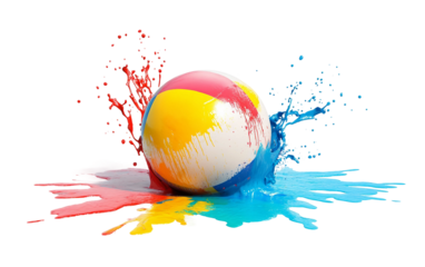 Vibrant beach ball melting into colorful paint in a creative summer concept isolated on transparent background PNG