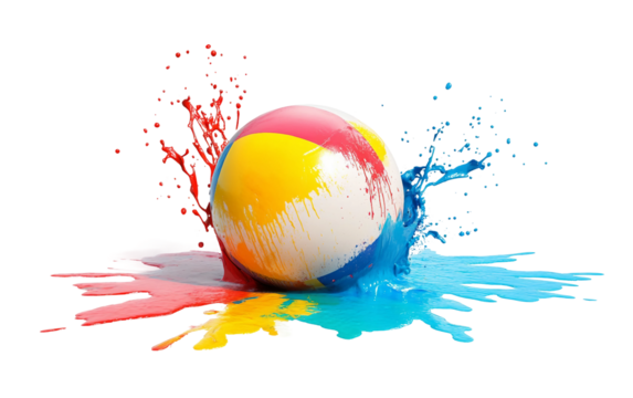 Vibrant beach ball melting into colorful paint in a creative summer concept isolated on transparent background PNG