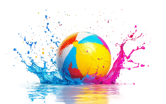 Artistic melting beach ball transforming into vivid paint splashes isolated on transparent background PNG