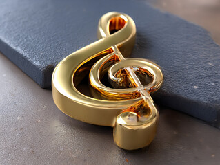 Shiny golden treble clef resting on a textured surface in a warm light environment