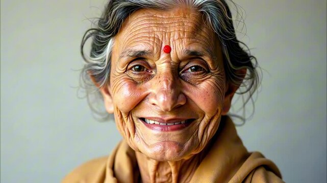 Elderly woman with red bindi smiling warmly at camera, traditional indian grandmother with gray hair and wrinkled face, closeup. Concept of senior care, cultural heritage, wellness industry.