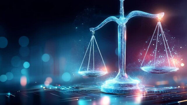 Balancing justice and technology in the digital age with glowing scales of law
