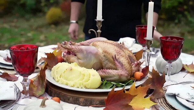 Al Fresco Thanksgiving Feast: A beautifully set outdoor dinner table laden with roasted turkey, creamy mashed potatoes, and vibrant autumn leaves beneath a canopy of fall foliage.