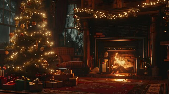 A warmly lit living room showcases a Christmas tree adorned with lights and ornaments, nestled near a roaring fireplace. Gifts are placed around the tree in a comfy, rustic setting.