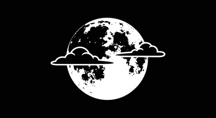 Moon icon with clouds in minimalist style on black background  