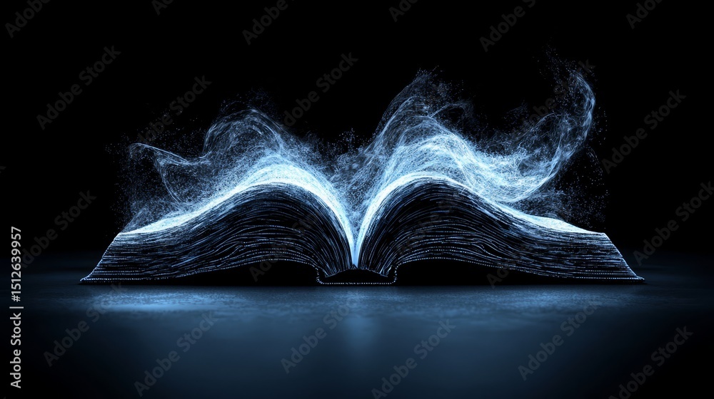 Poster the book is open to a page with a blue and white swirl, creating a sense of movement and fluidity. t
