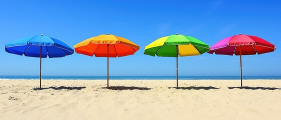 Beach row four vibrant sun umbrellas