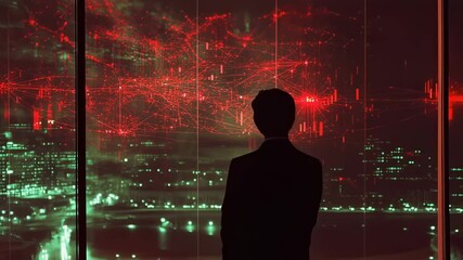 Silhouette of a businessman looking at a digital cityscape with red data streams at night - Powered by Adobe