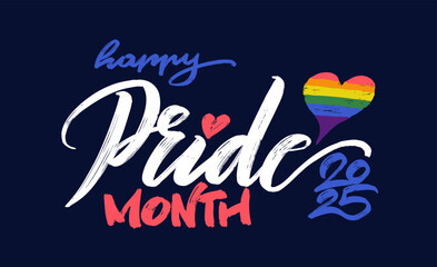 Template LGBTQ 2025 Pride Month lettering. Calligraphy vector symbol, poster of Pride Month support rainbow heart logo. Brush Banner with for social media posts, stories, websites. Vector illustration